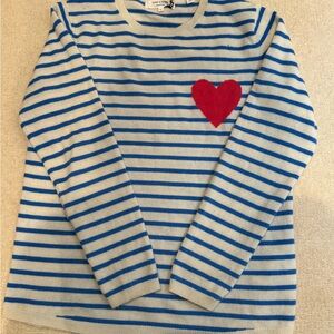 Chinti and Parker cashmere Striped Blue and White Sweater with Red Heart